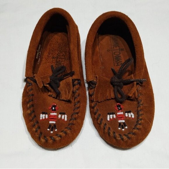 Minnetonka Thunderbird Beaded Brown Suede Moccasins 11 - Picture 2 of 9